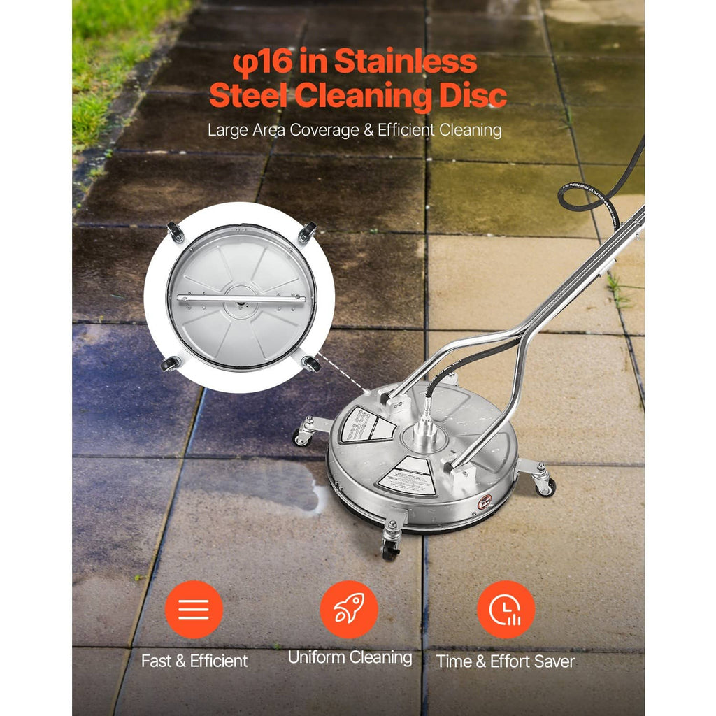 18-inch pressure washer surface cleaner resting on pavement with rotating disc head
