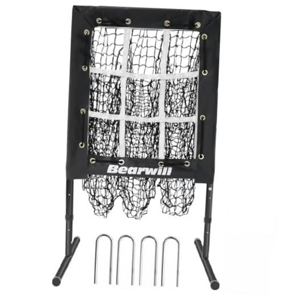 Baseball pitching net with strike zone panel, black metal frame, and hanging catch net