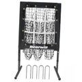 Baseball pitching net with strike zone panel, black metal frame, and hanging catch net