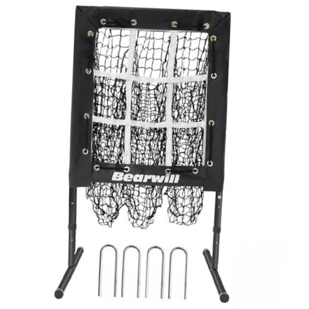Baseball pitching net with strike zone panel, black metal frame, and hanging catch net