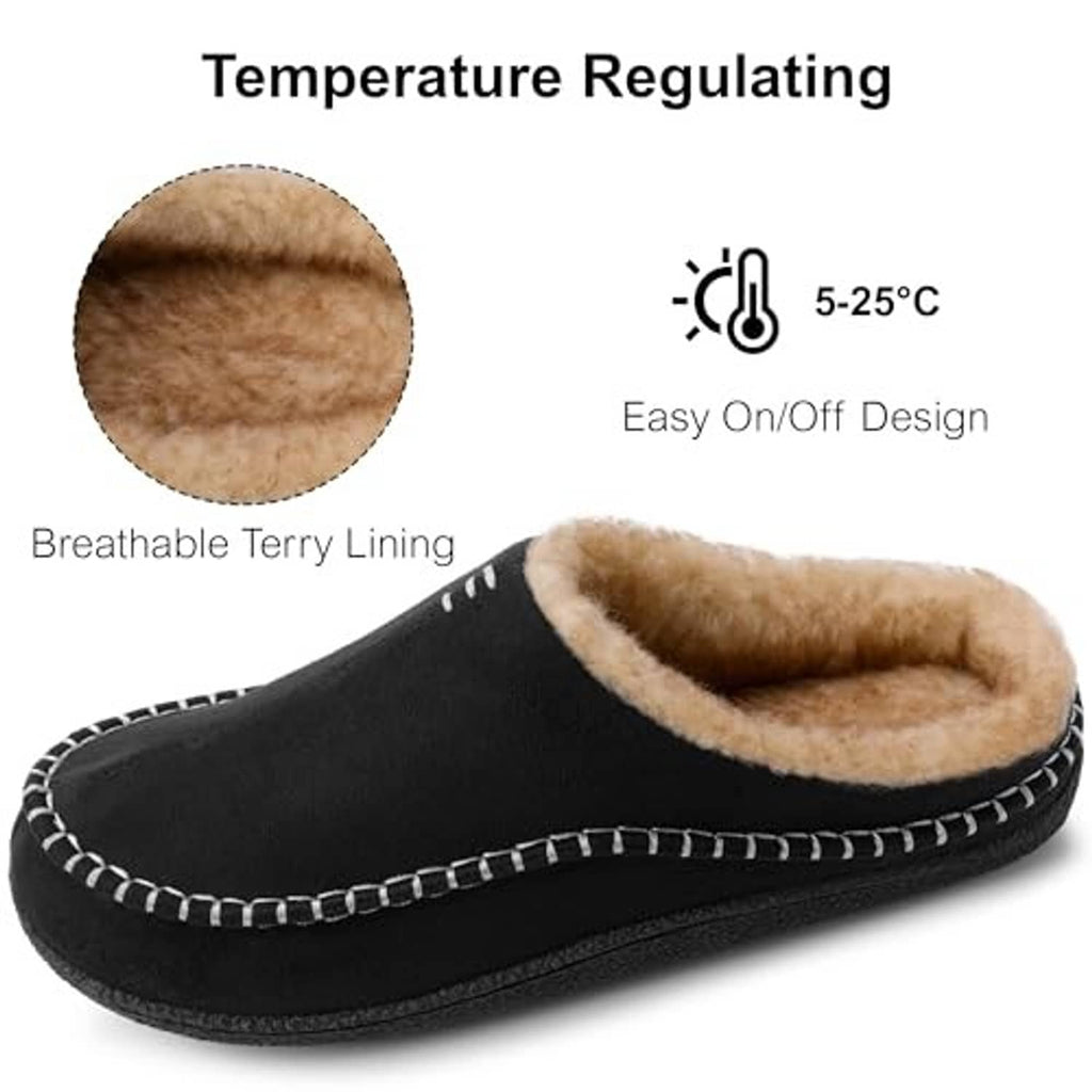 Black moccasin-style slippers with tan fur lining and stitched V-edge trim.