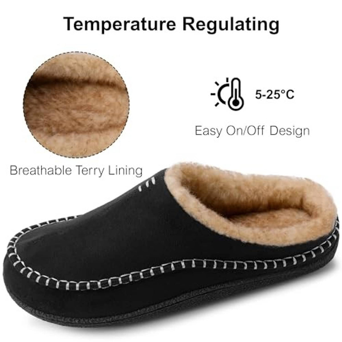 Black moccasin-style slippers with tan fur lining and stitched V-edge trim.