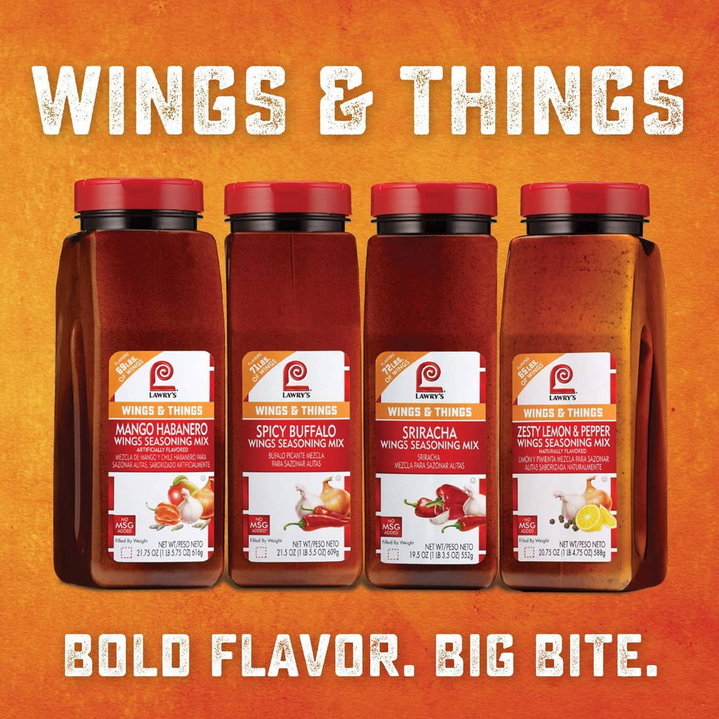 Four Lawry's Wings & Things seasoning bottles, including Mango Habanero Wings Mix