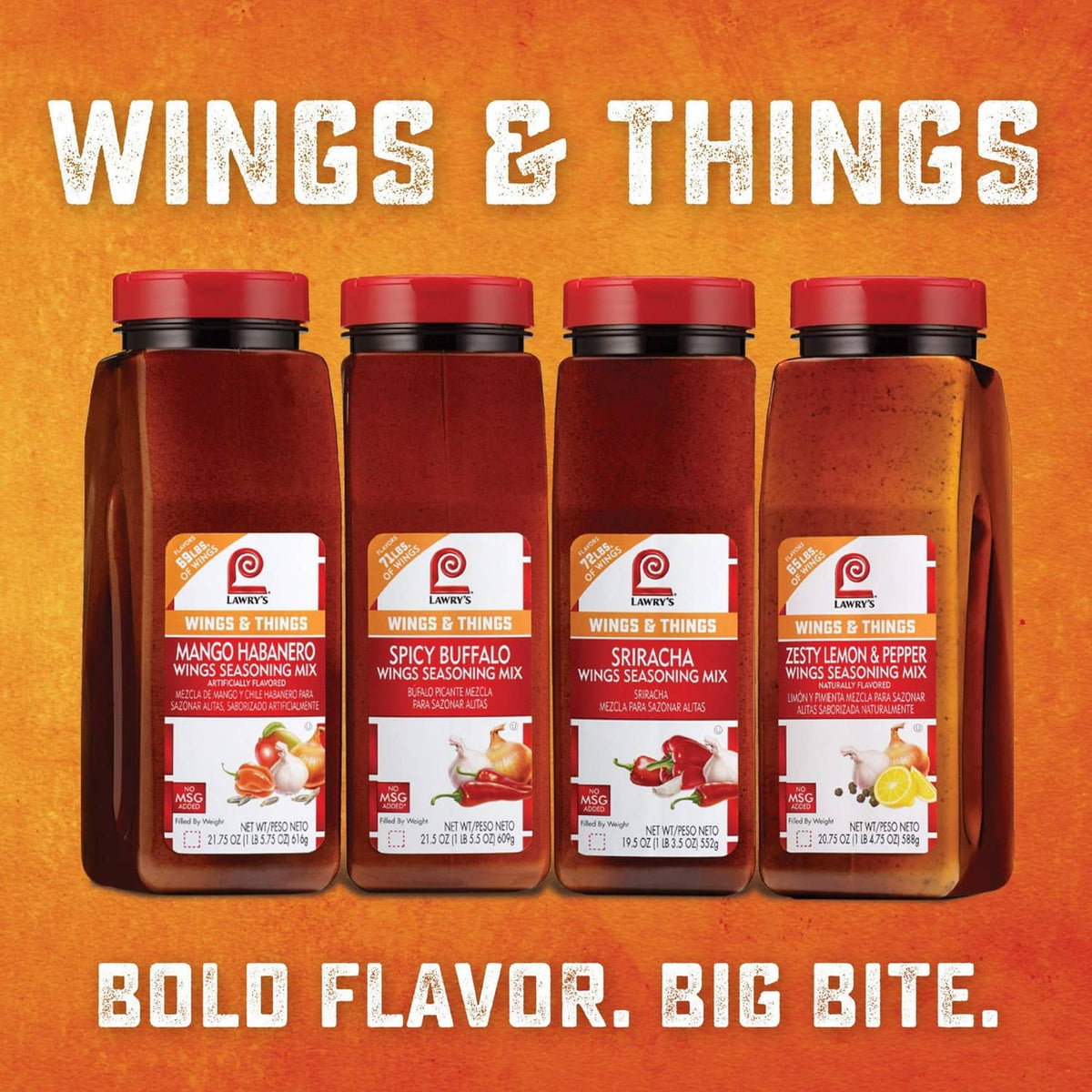 Four Lawry's Wings & Things seasoning bottles, including Mango Habanero Wings Mix
