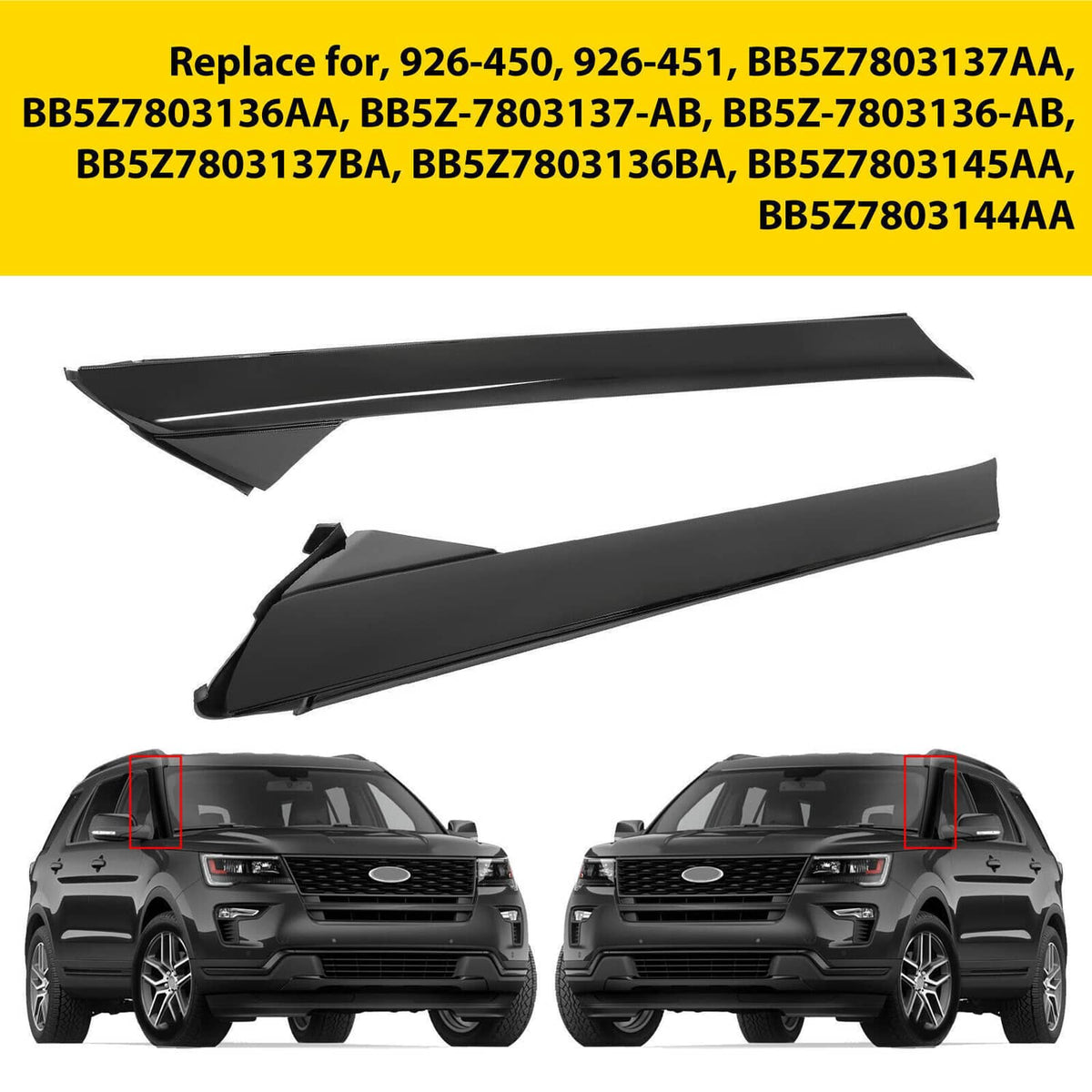 Windshield pillar molding trim, black plastic left and right replacement pieces
