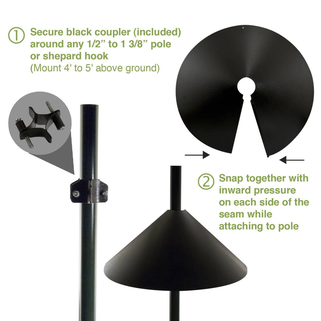 Black squirrel baffle with included coupler and snap seam for pole mounting