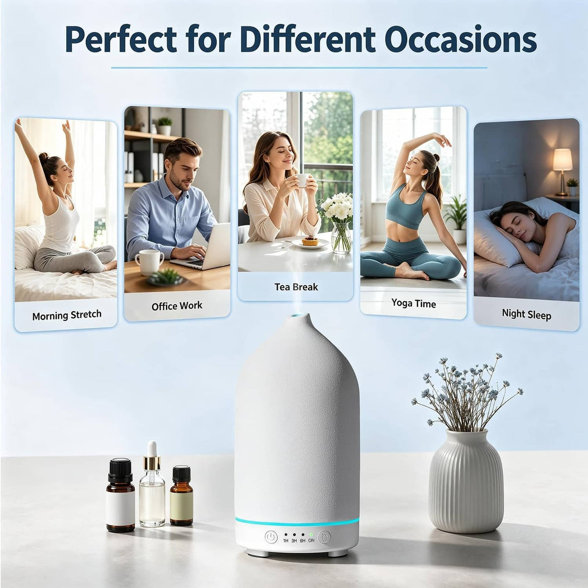 White ceramic essential oil diffuser with blue LED strip placed on a table.