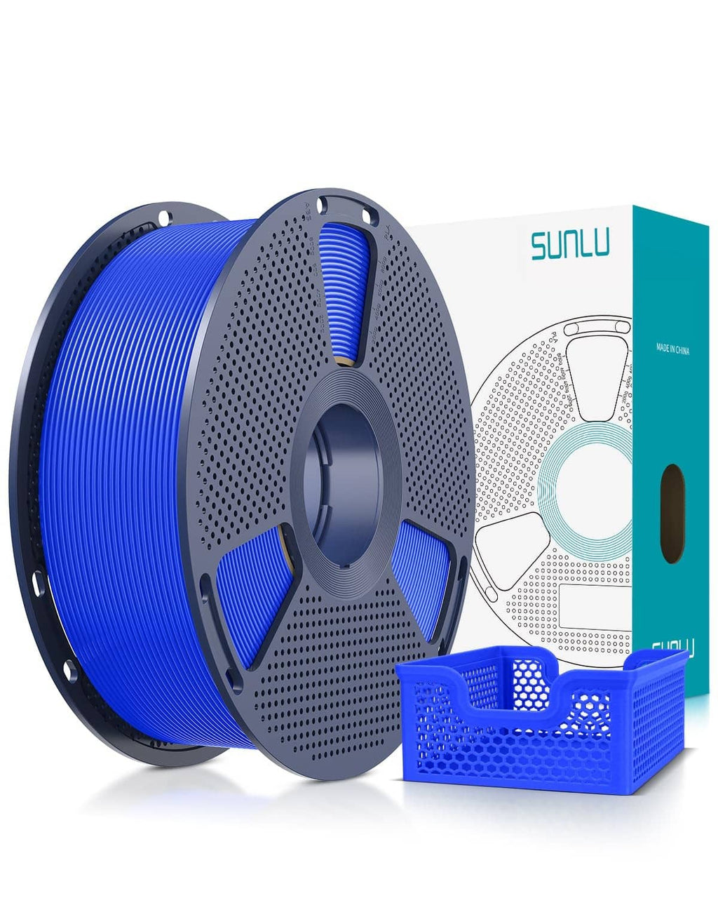 Blue 3D printer filament spool with perforated gray hub and loose print filament strand