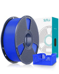 Blue 3D printer filament spool with perforated gray hub and loose print filament strand