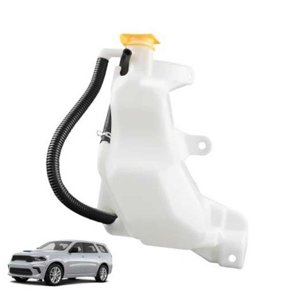White engine coolant overflow reservoir tank with black hose and yellow cap