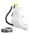 White engine coolant overflow reservoir tank with black hose and yellow cap
