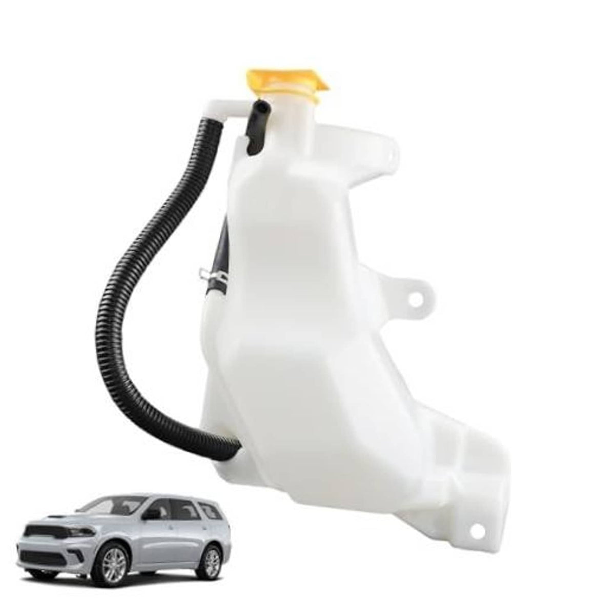 White engine coolant overflow reservoir tank with black hose and yellow cap