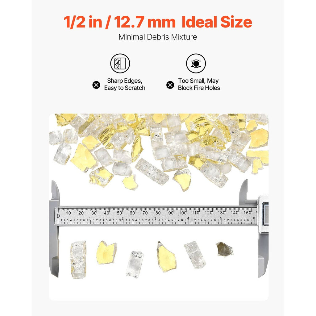 Gold 1/2-inch crushed glass rocks with a ruler size guide