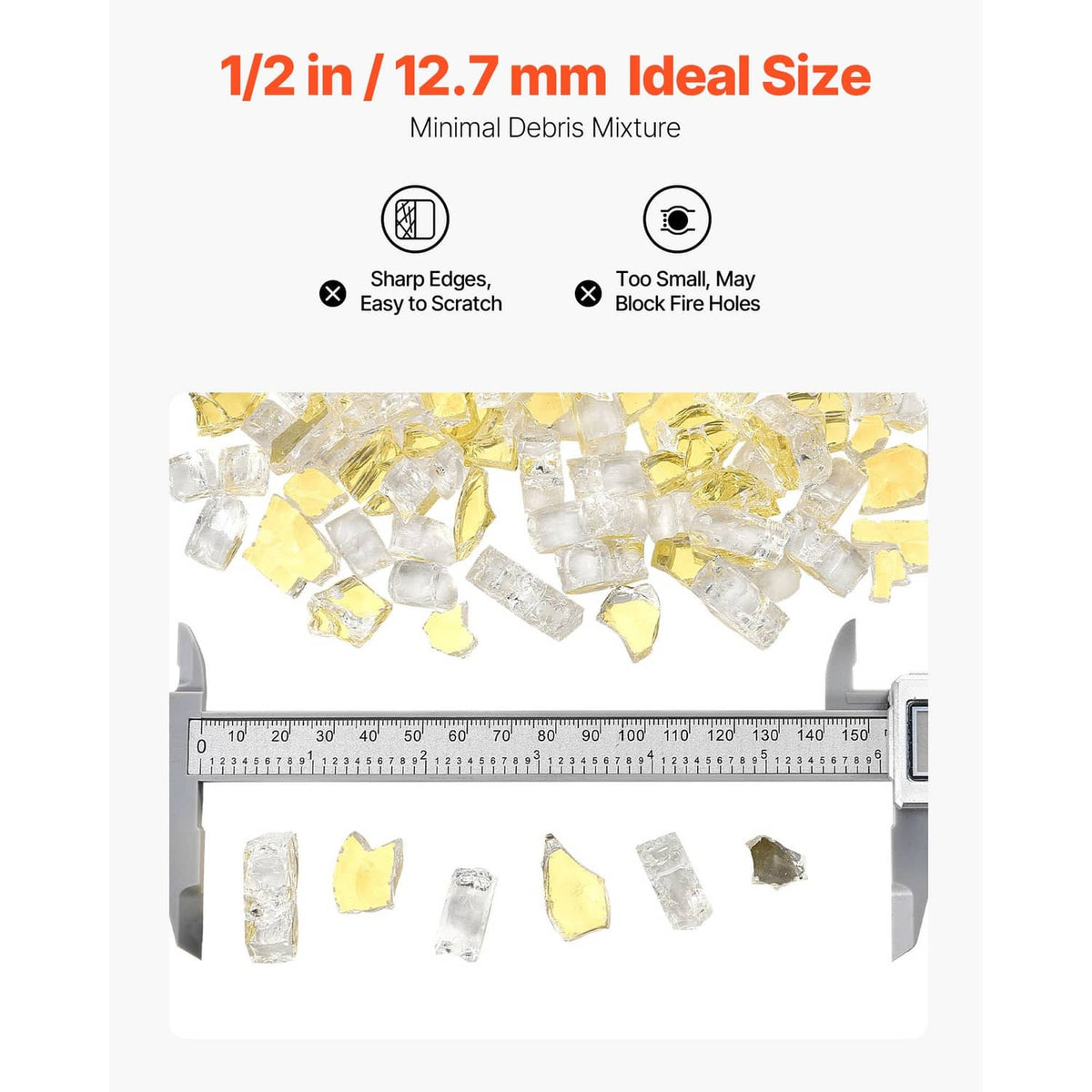 Gold 1/2-inch crushed glass rocks with a ruler size guide
