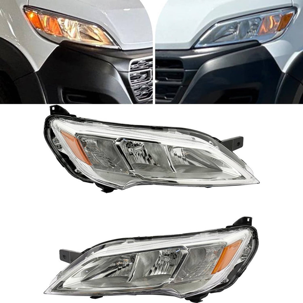 Halogen headlight assembly with clear lens and amber indicator, black trim, angled views