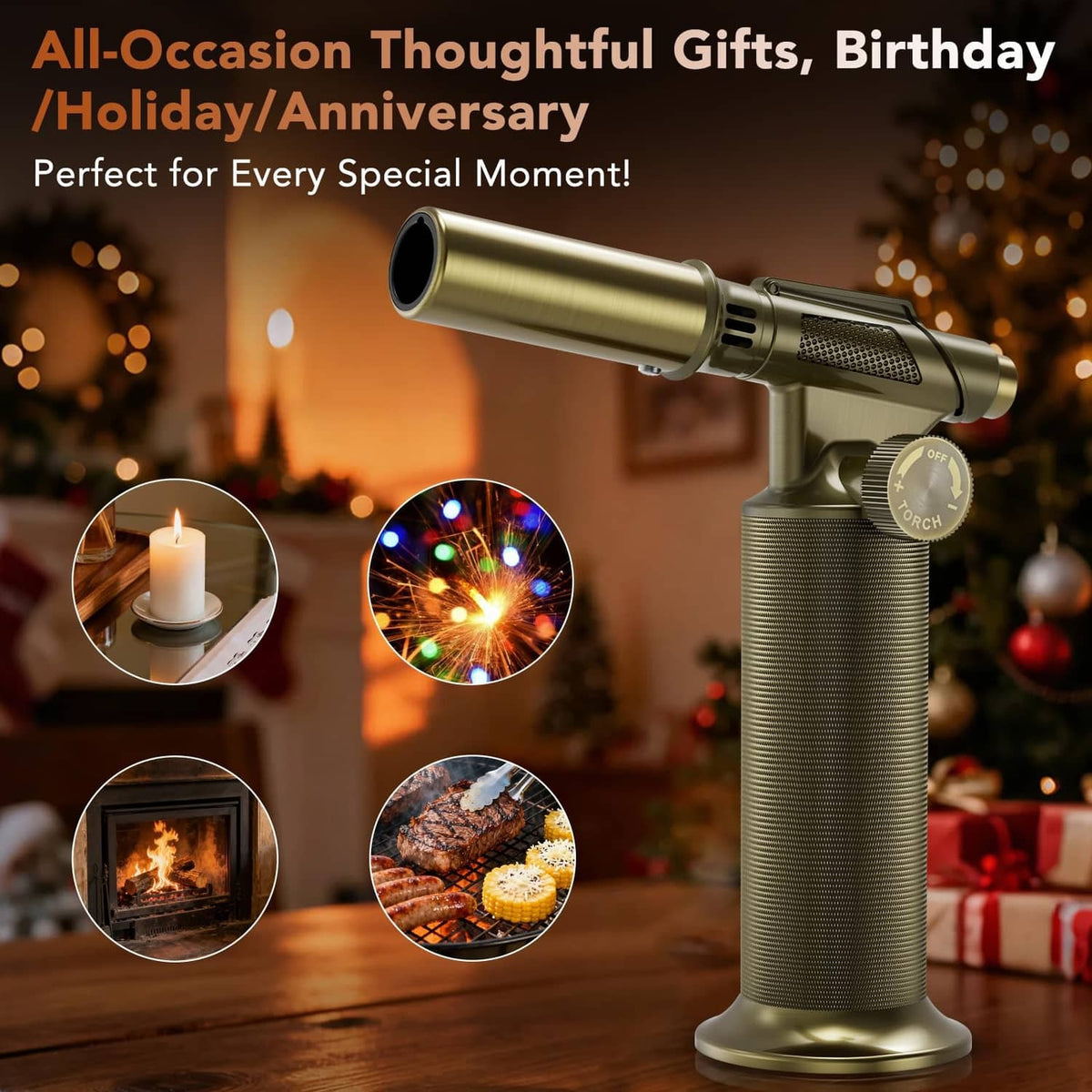 Gold butane micro torch standing upright with torch nozzle pointed forward