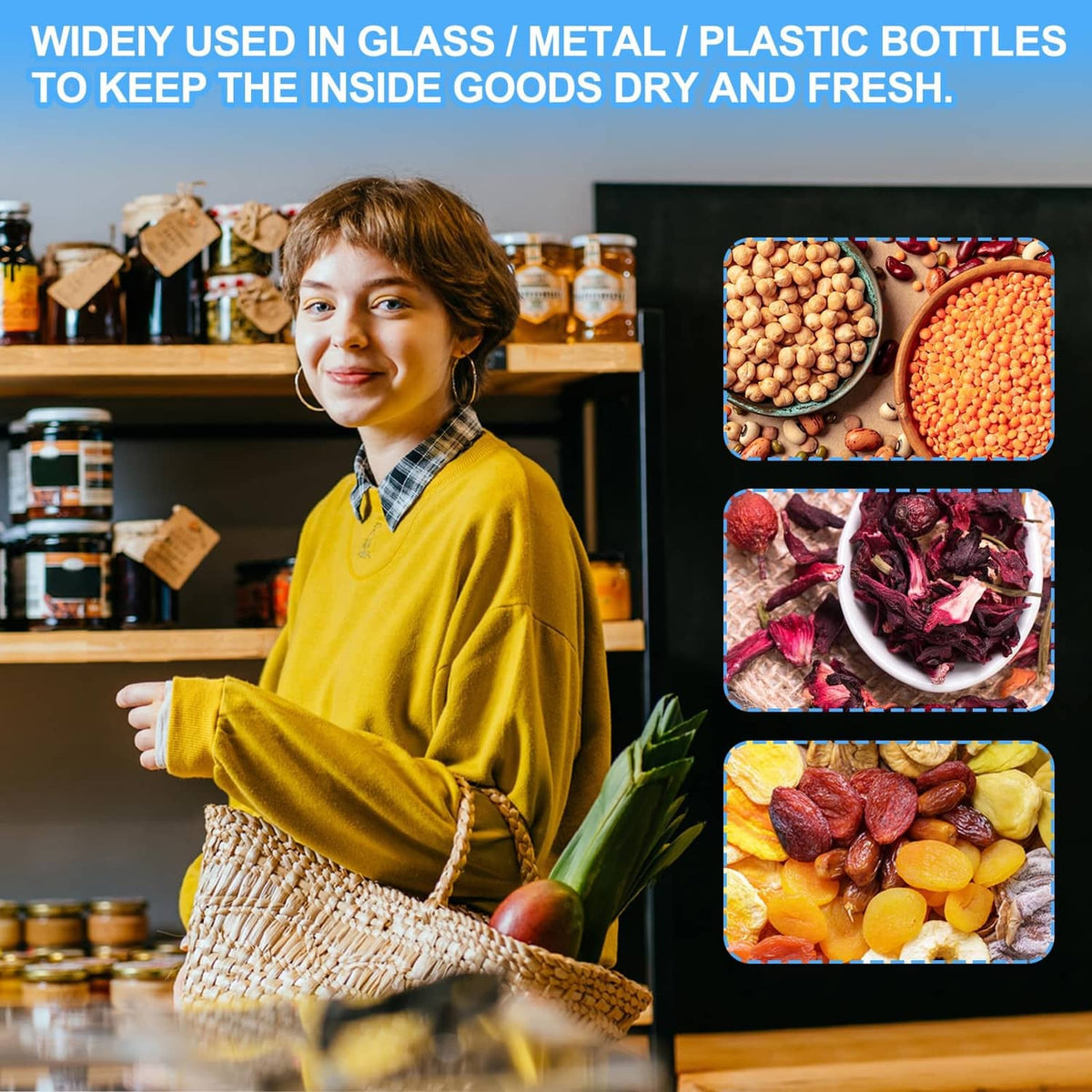 Sealed glass jar and food storage bottles on a kitchen shelf