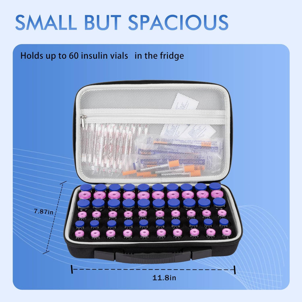 Black 60-slot insulin vial storage case with clear lid shown open