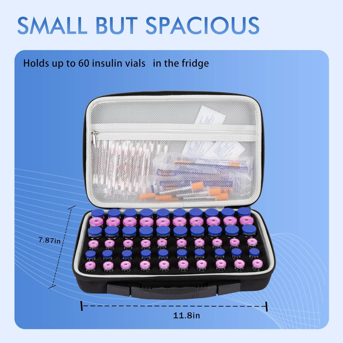 Black 60-slot insulin vial storage case with clear lid shown open