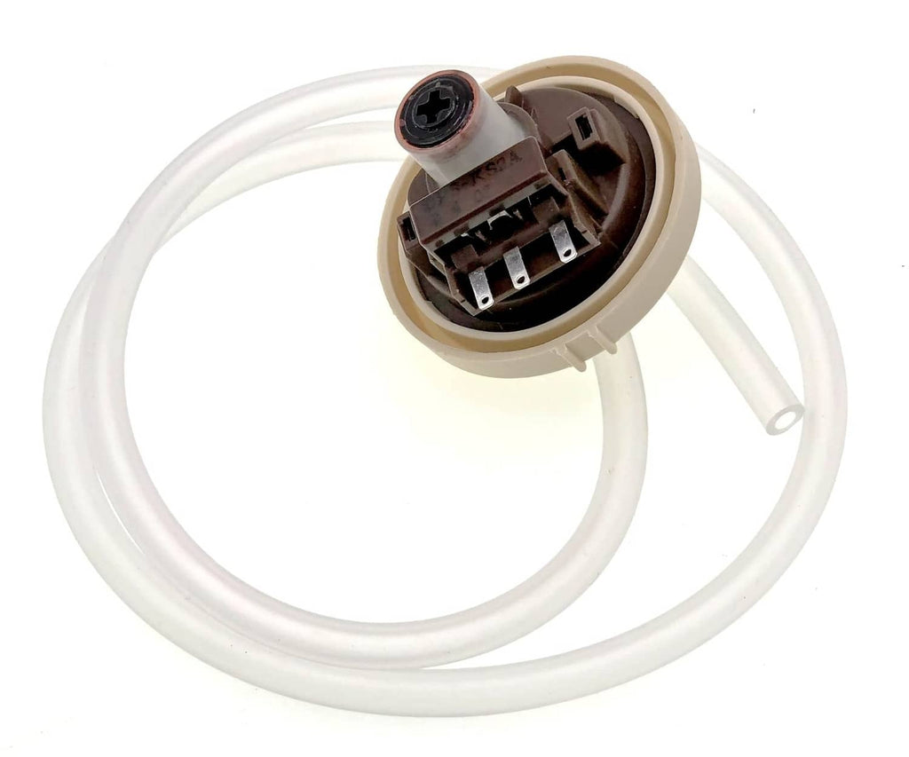 Washer pressure sensor assembly with attached white tubing and electrical connector