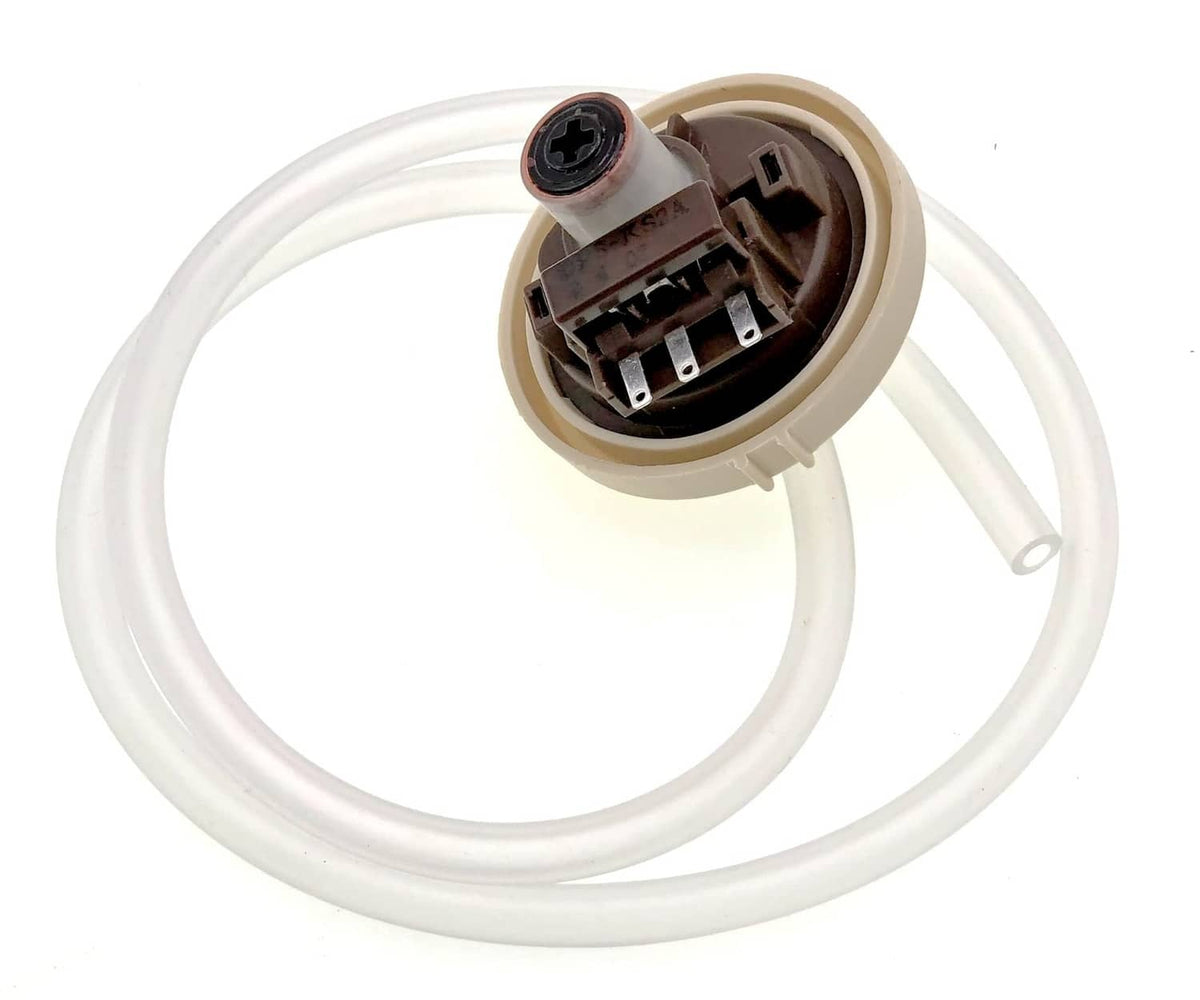 Washer pressure sensor assembly with attached white tubing and electrical connector