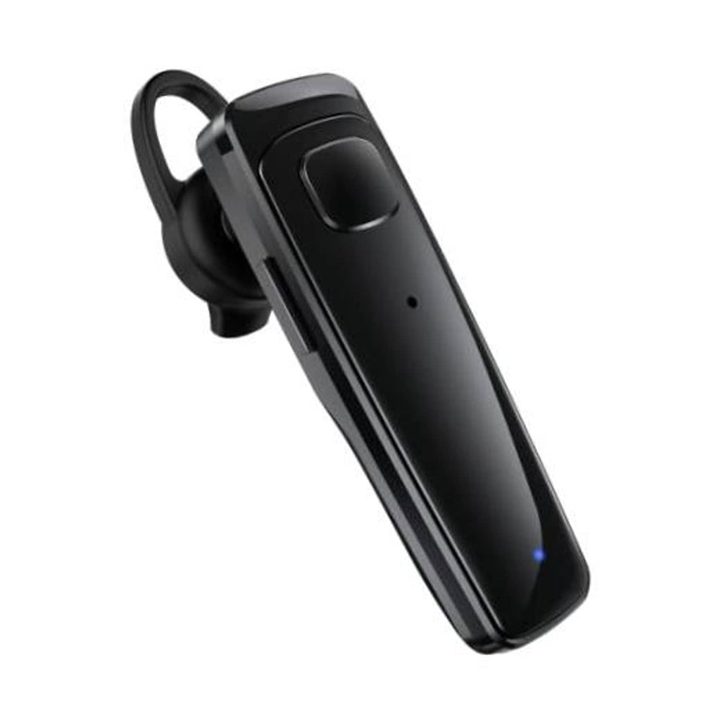 Black wireless Bluetooth headset with ear hook and inline control button.