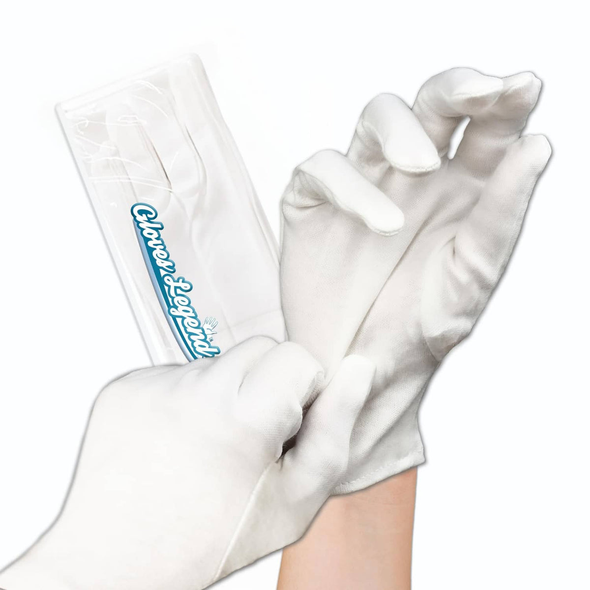 White cotton moisturizing gloves shown on hands, long sleeve and finger coverage