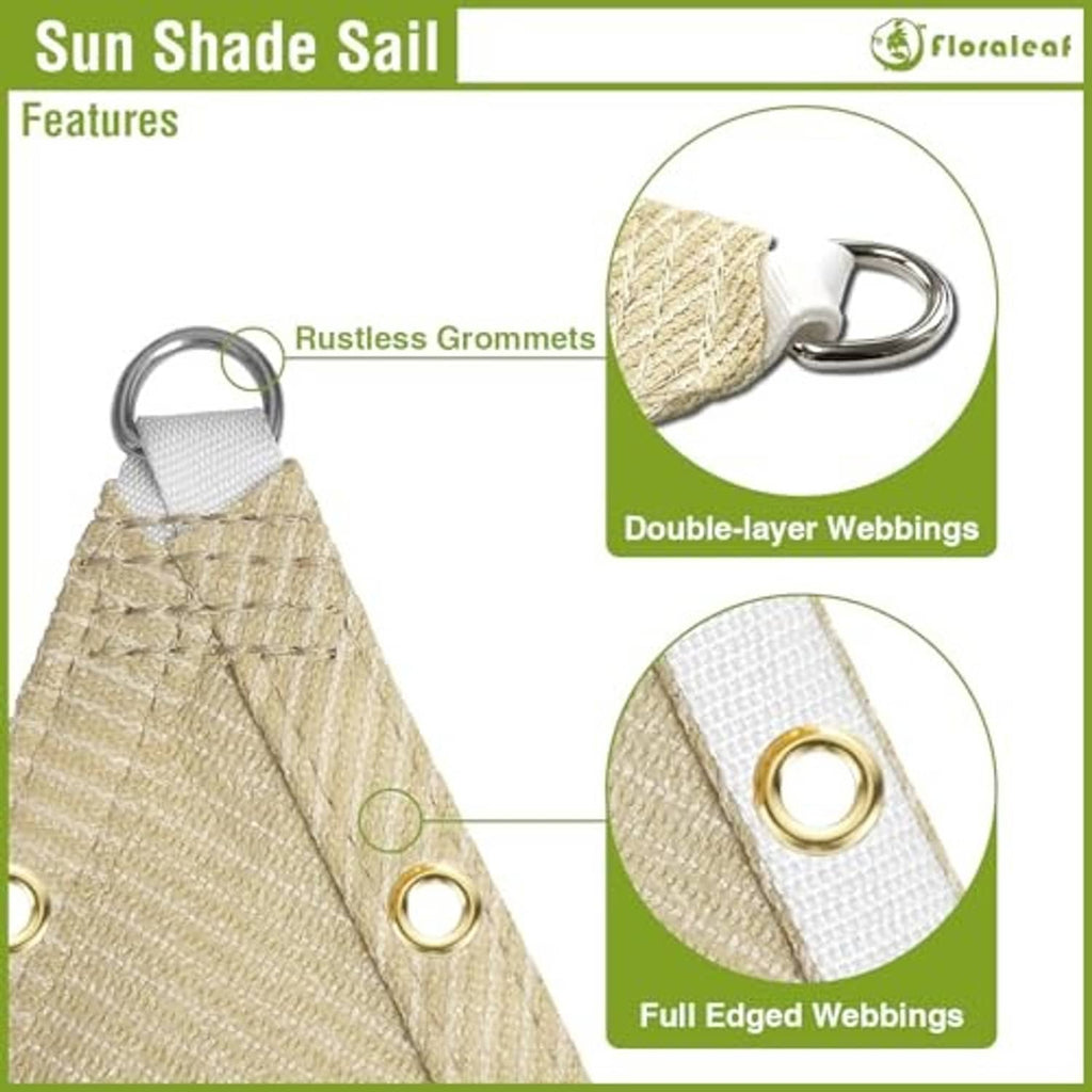 Beige woven shade sail with rustproof metal grommets and reinforced webbing seams