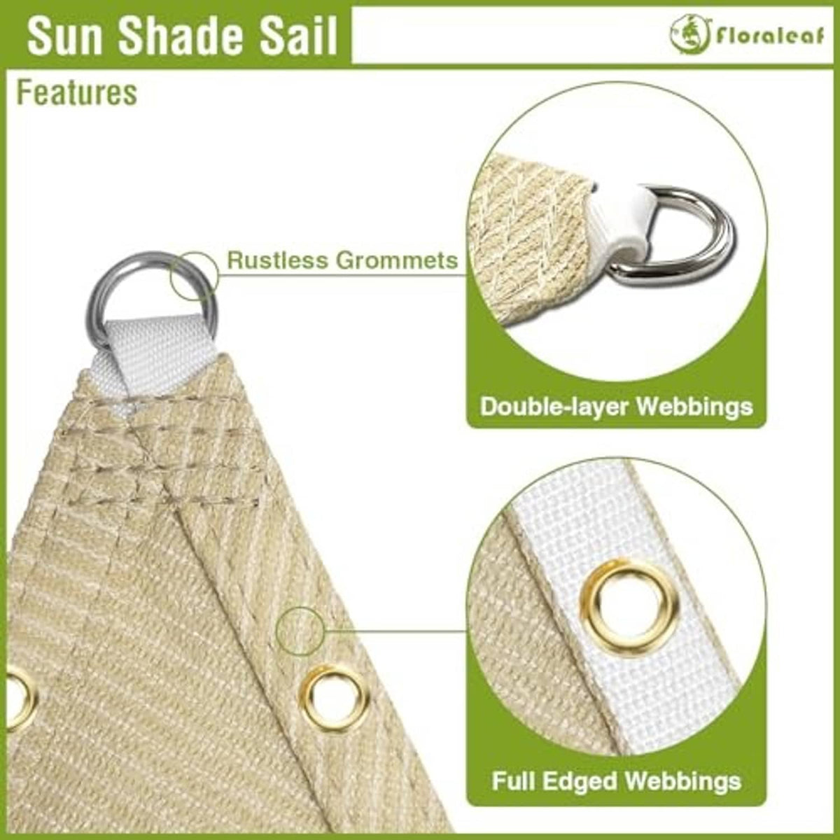 Beige woven shade sail with rustproof metal grommets and reinforced webbing seams