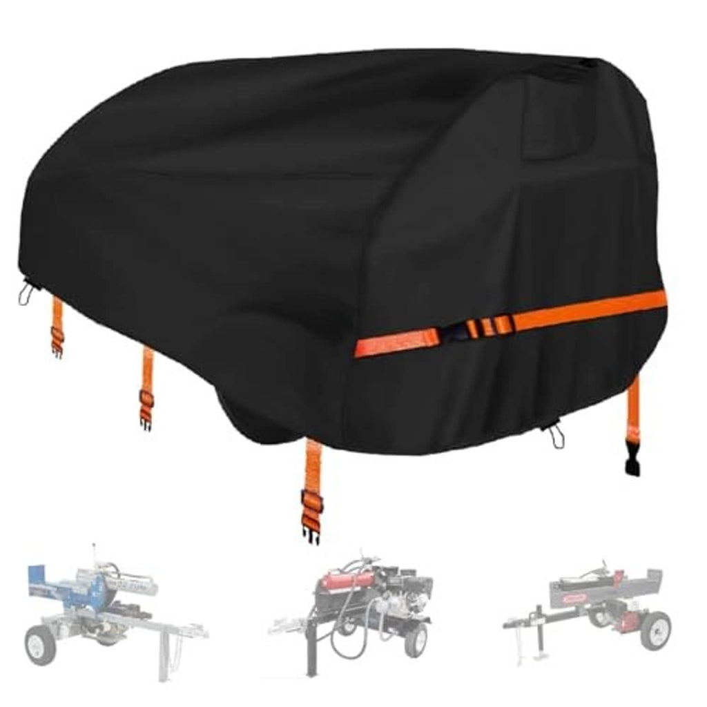 Black log splitter cover with orange stripe, side view, hooded top with snug fit