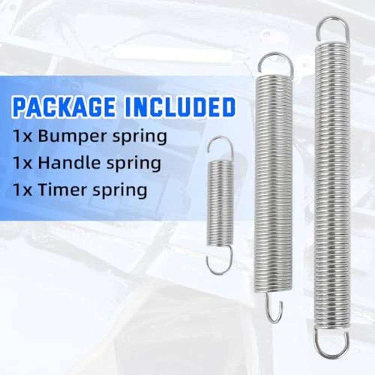 Packaged spring set showing three metal coil springs with loop end hooks