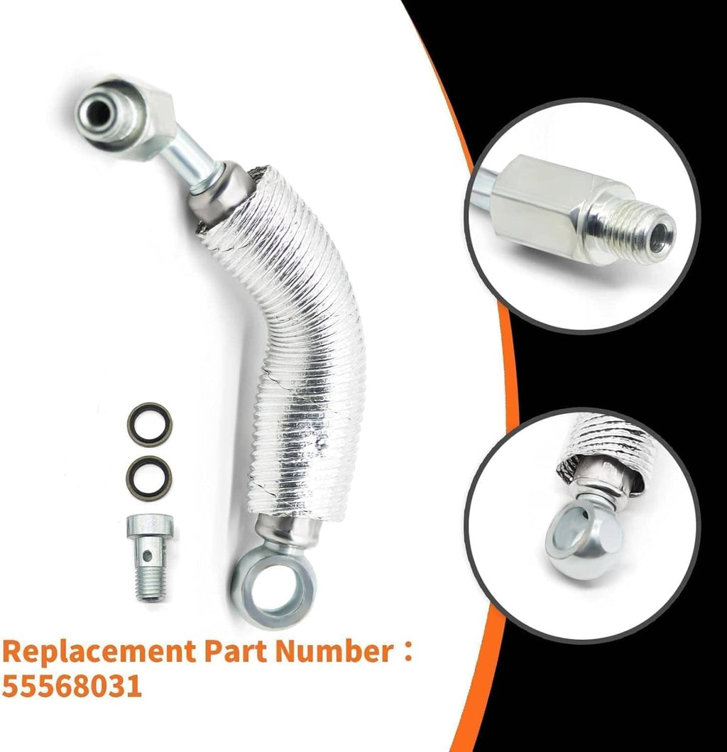 Turbo coolant return hose line with metal fitting ends and included O-ring seals