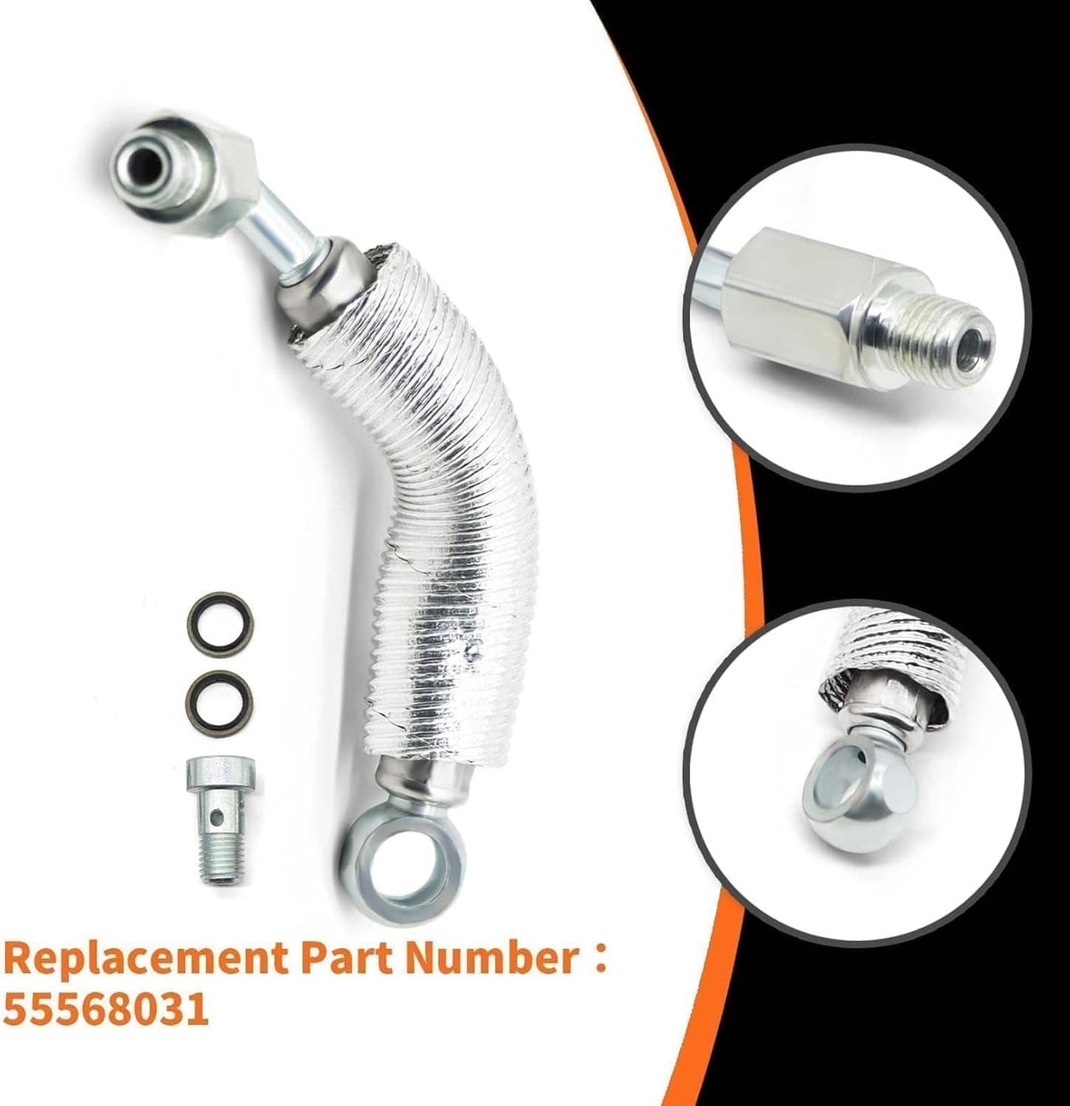 Turbo coolant return hose line with metal fitting ends and included O-ring seals