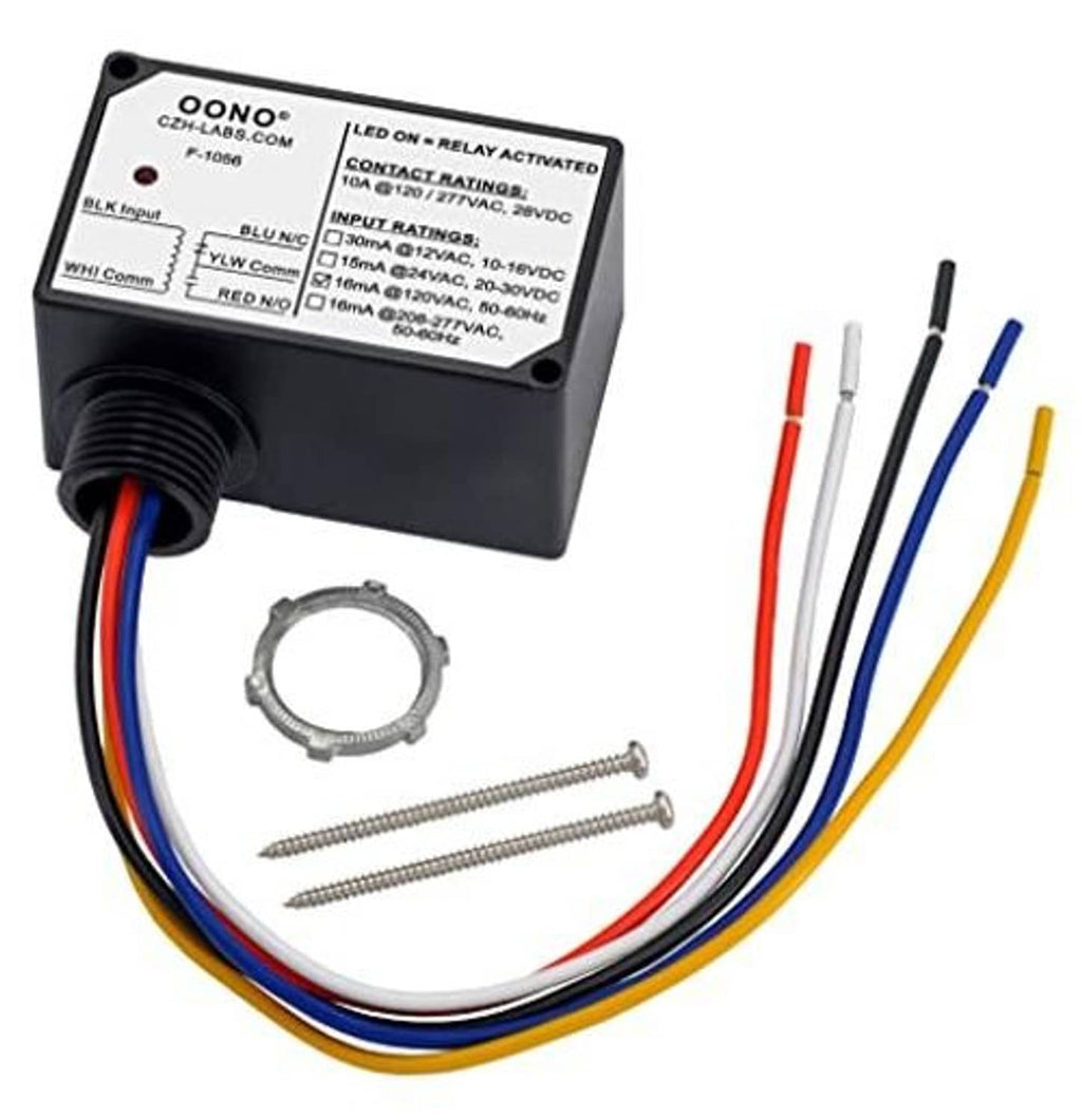 Power relay module in black box with color-coded wire leads and mounting hardware ring.
