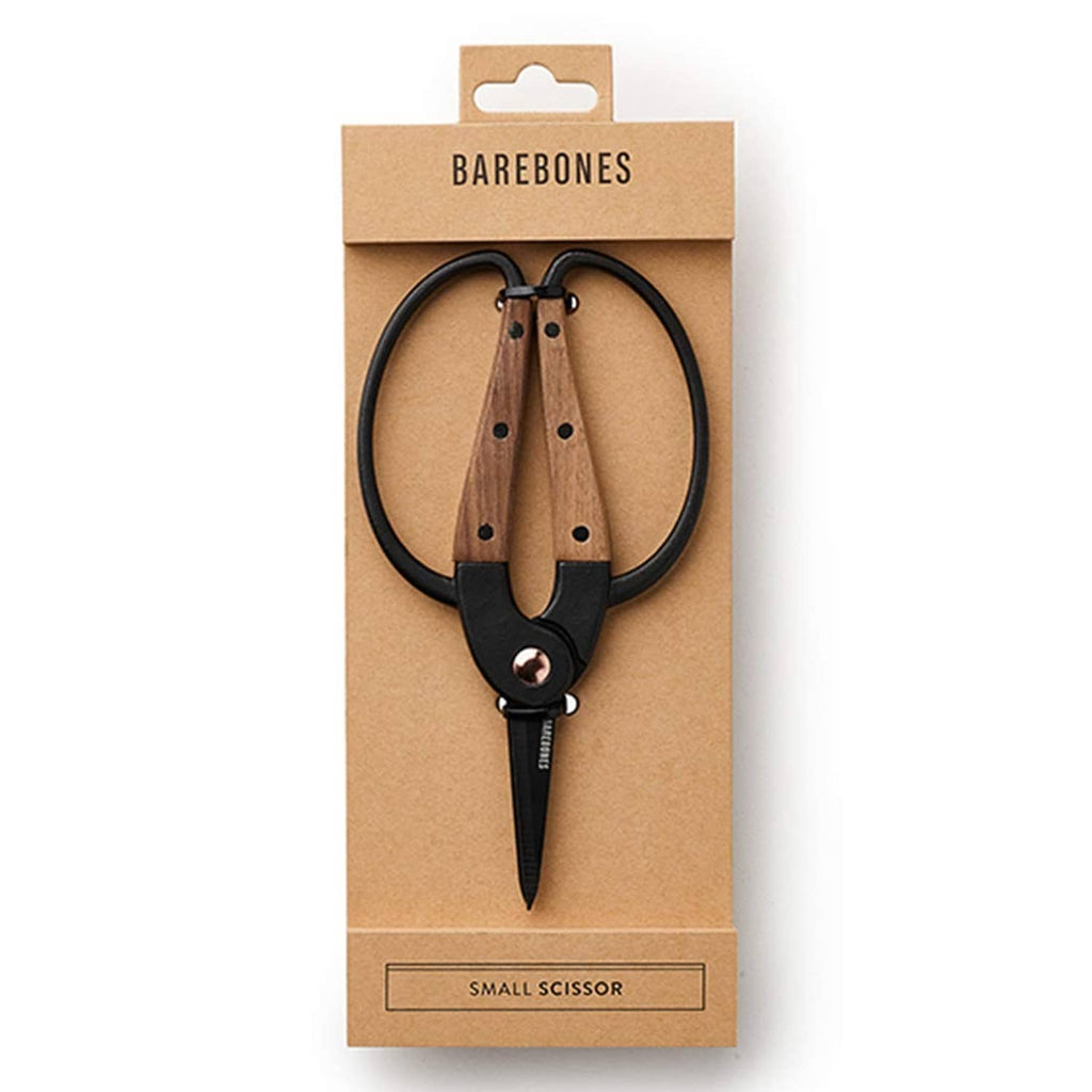 Barebones small scissors garden shears in cardboard retail box, black and wood grips.