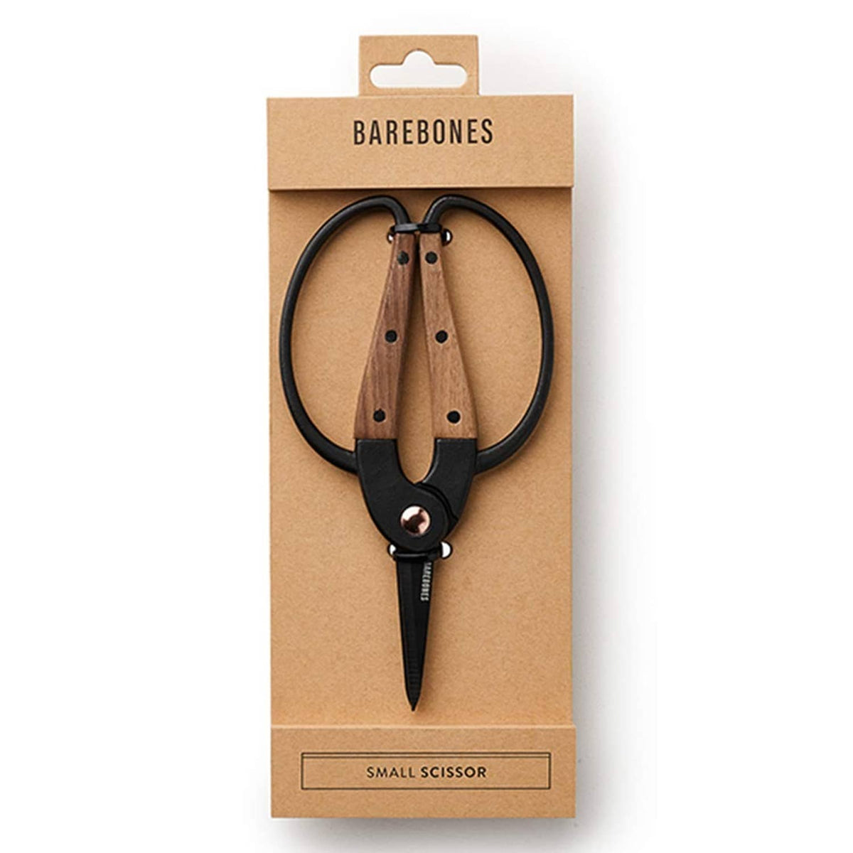 Barebones small scissors garden shears in cardboard retail box, black and wood grips.