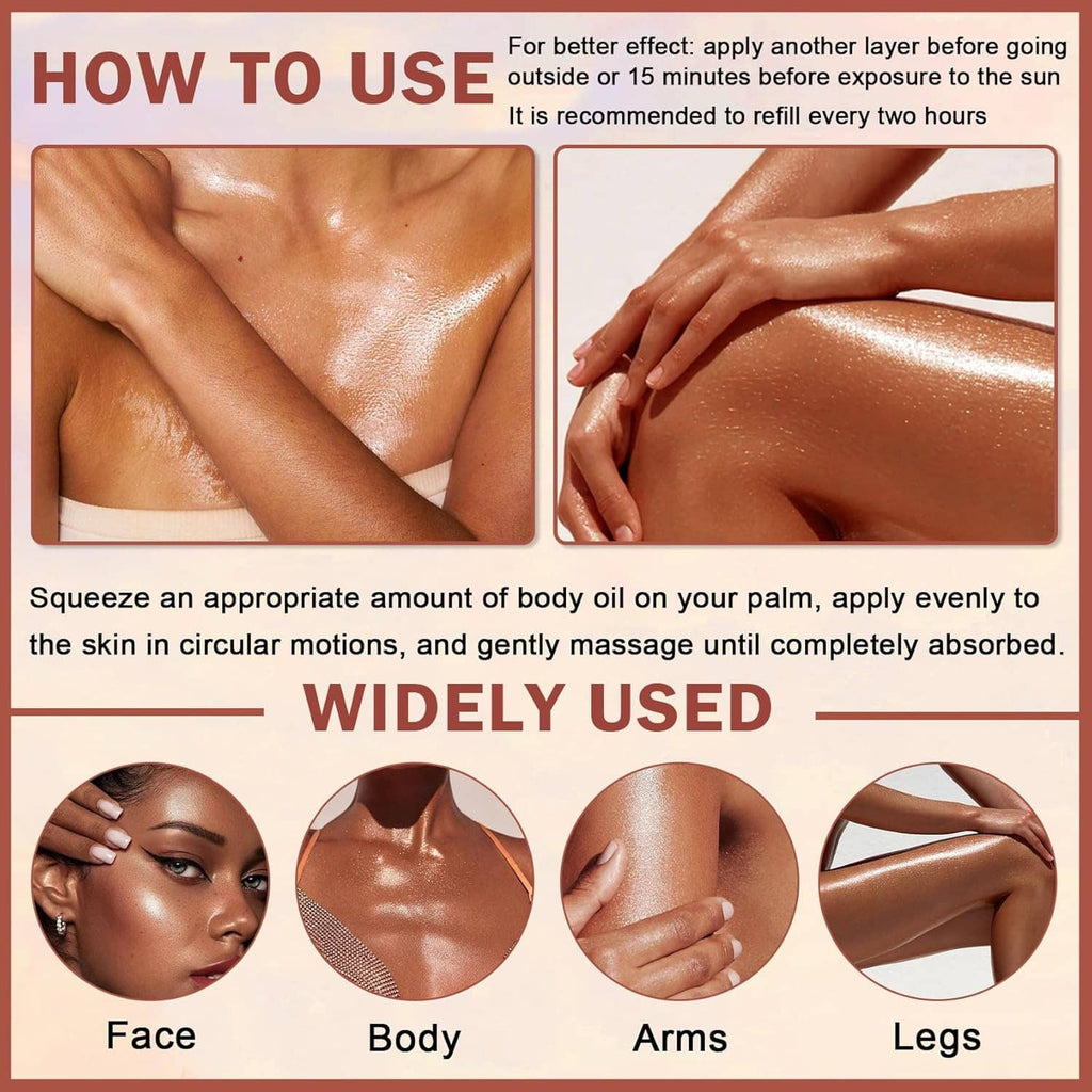 Body glow oil usage: apply evenly on skin, with hands rubbing in until absorbed.