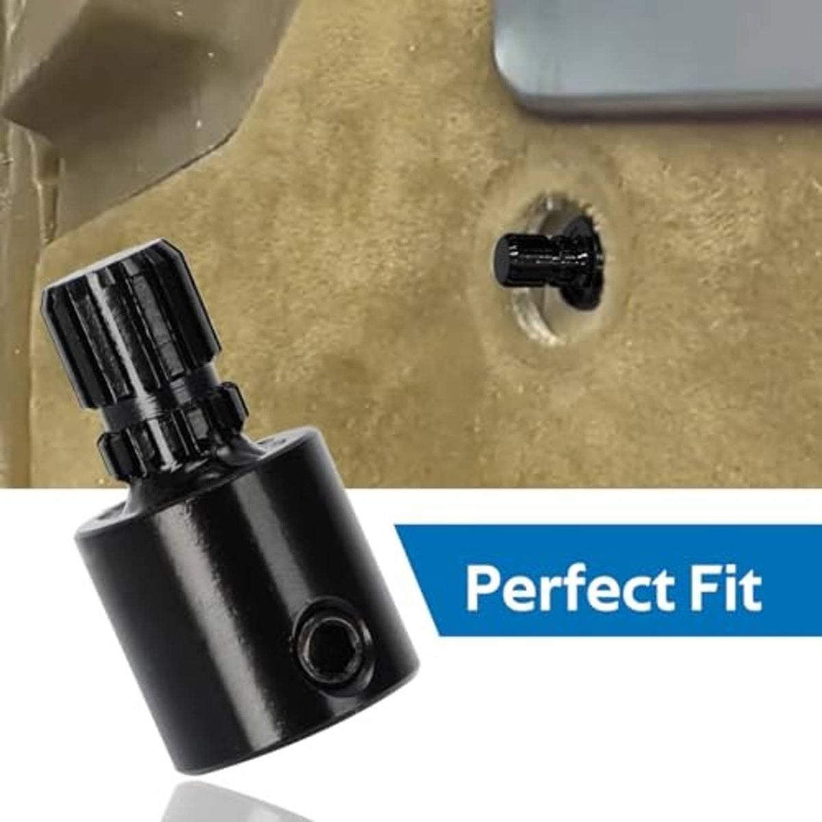 Black window crank extension with knurled end beside mounting hole