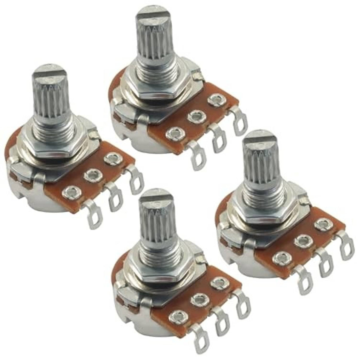 Guitar potentiometer set with ribbed silver shafts, brown circuit boards, and metal mounting base