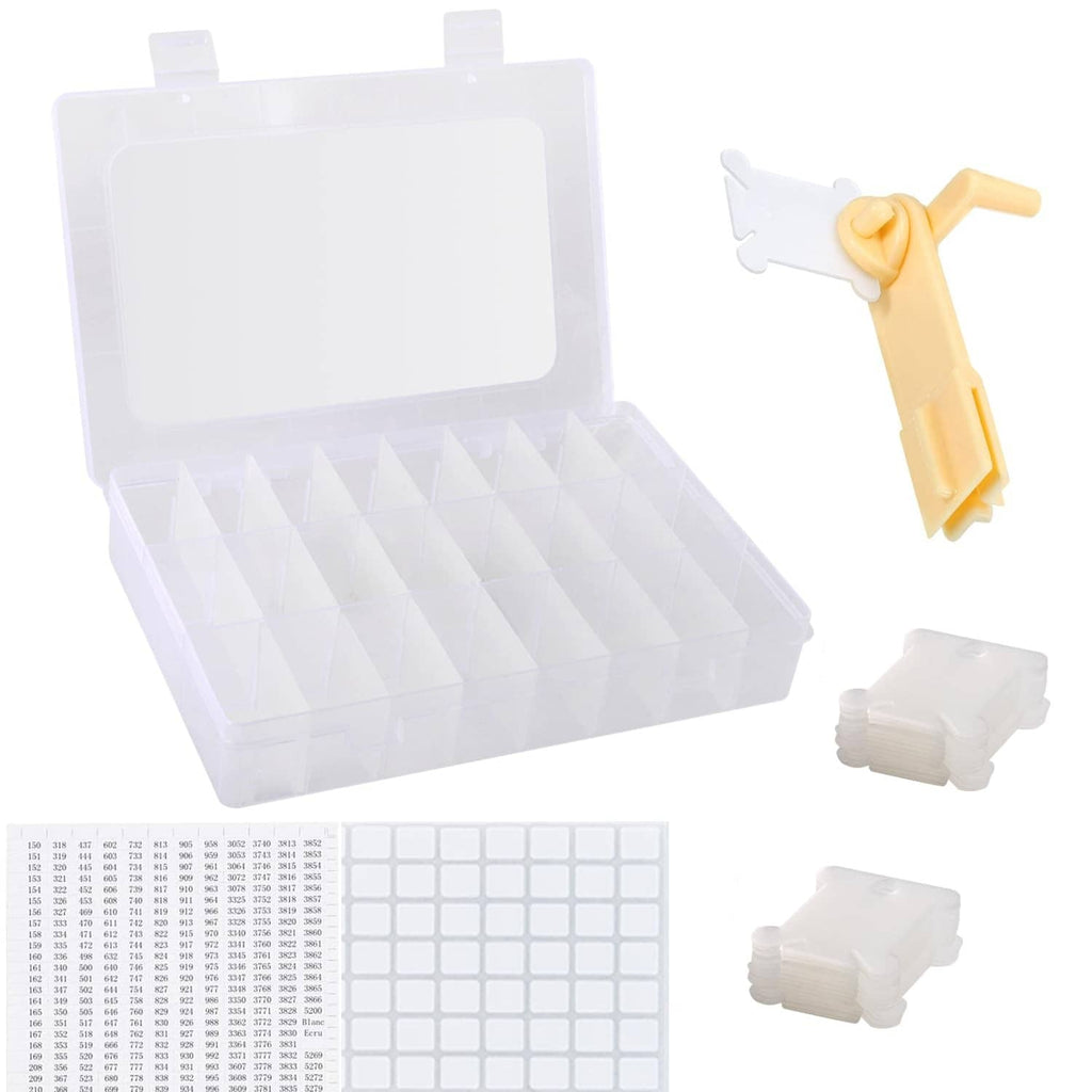 Embroidery floss organizer box with open grid insert and white thread clips