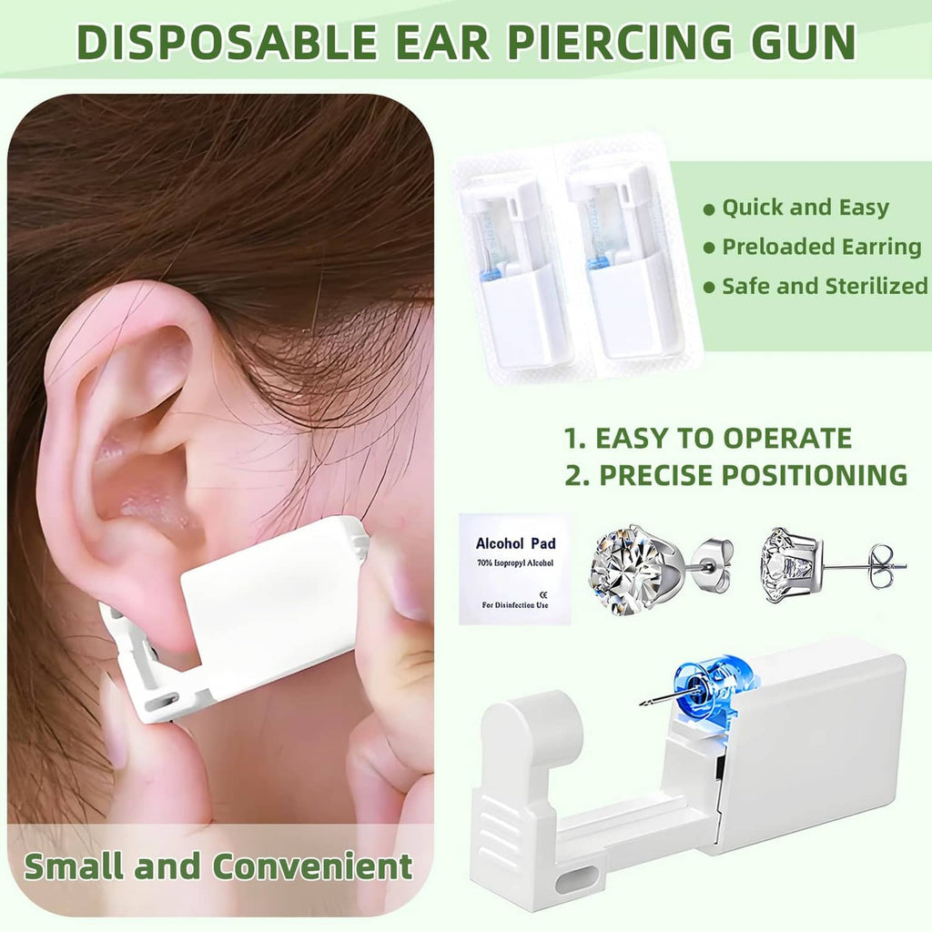 Disposable ear piercing gun with preloaded silver studs and alcohol pad for sterile use