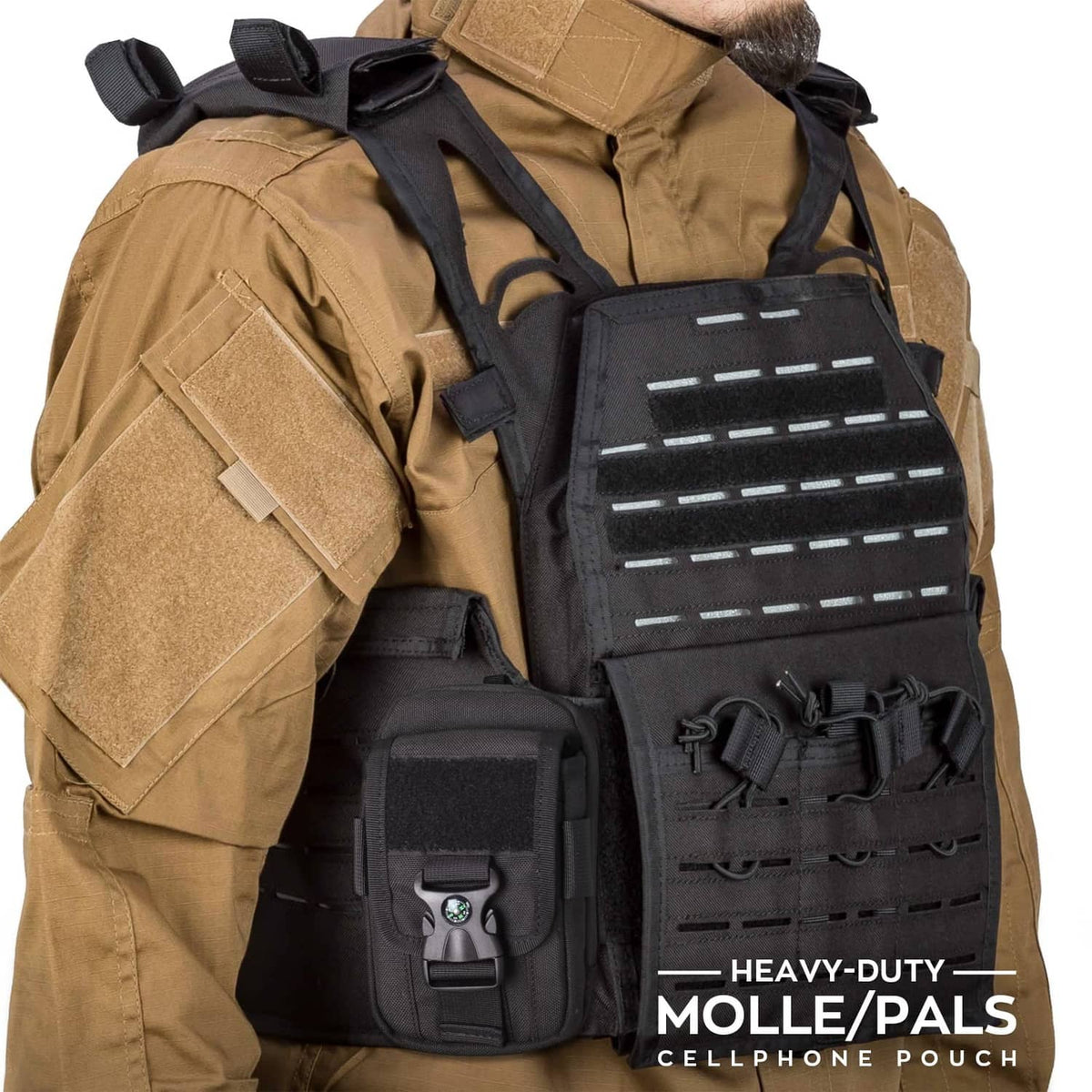 Black heavy-duty MOLLE phone pouch attached to a tan tactical vest with retention straps