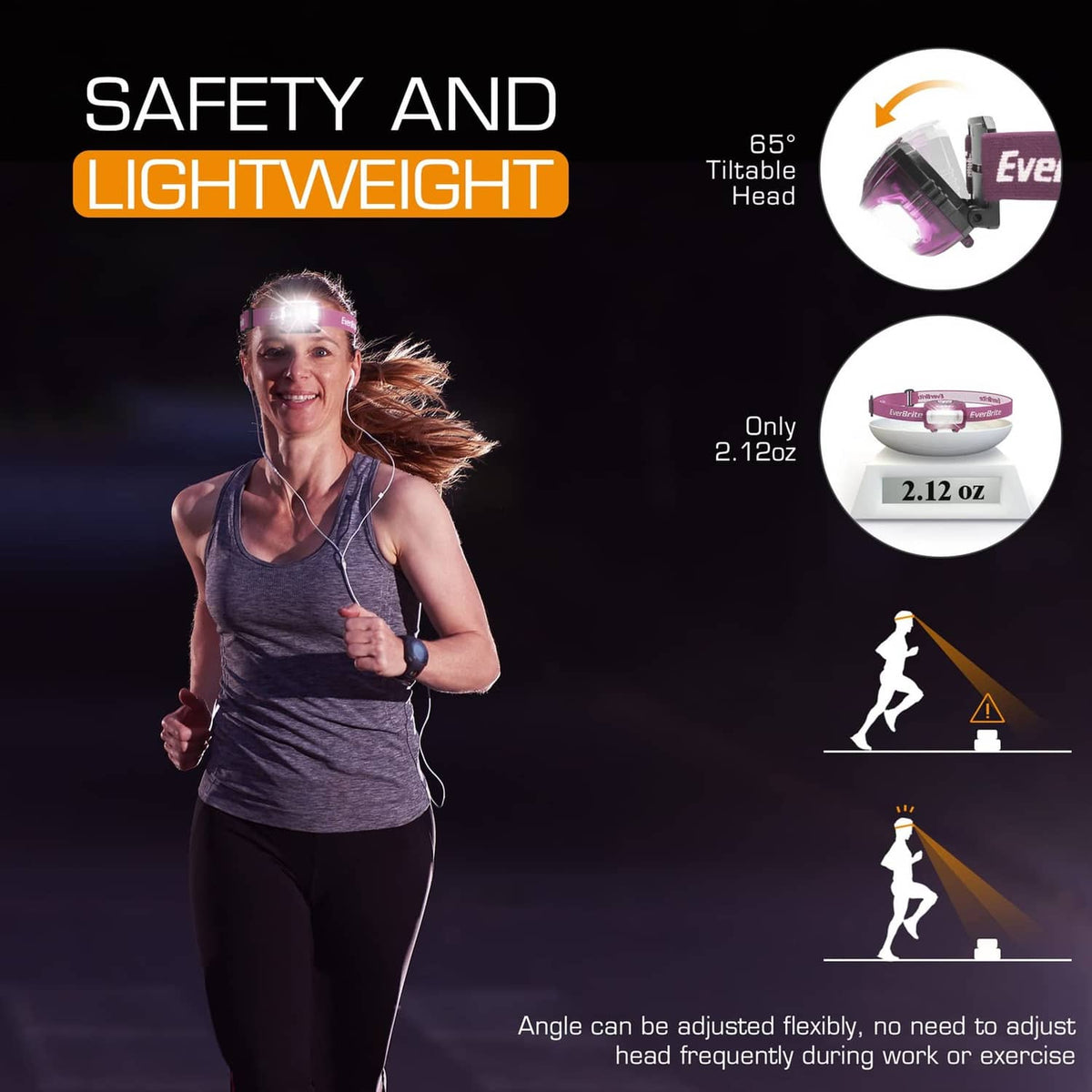 Pink kids headlamp with adjustable strap, built-in red light and lightweight design.