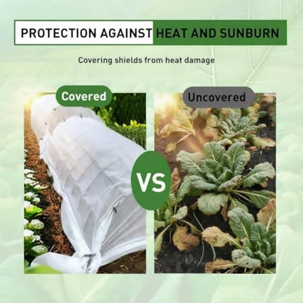 White plant sun shade cloth covering leafy greens in garden soil