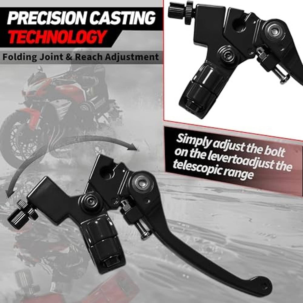 Black folding clutch and brake lever with reach-adjust bolt and mounting bracket.
