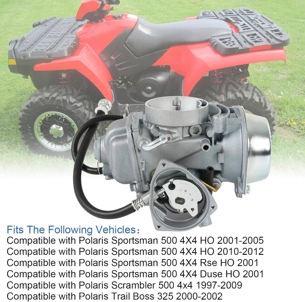 ATV carburetor with throttle body and intake inlet, front-right angle view