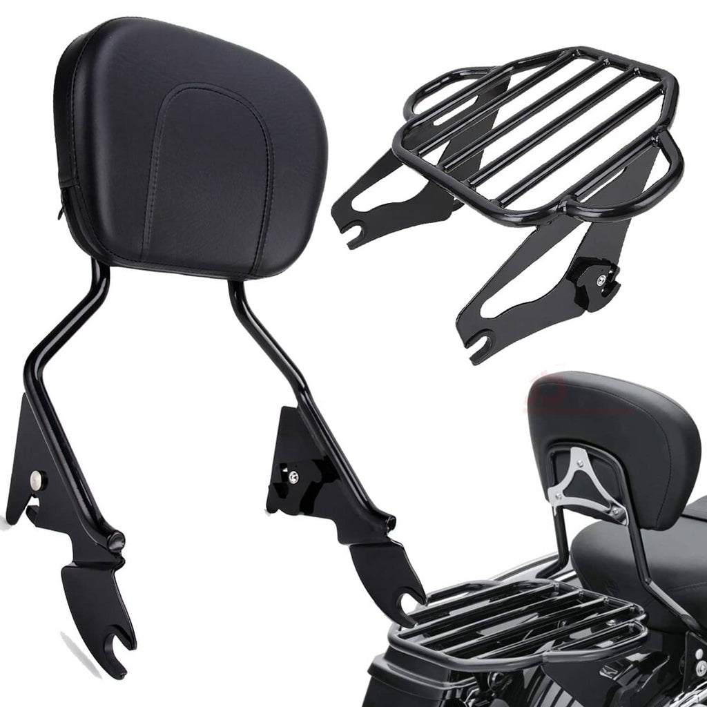 Black padded motorcycle backrest with steel luggage rack and mounting points