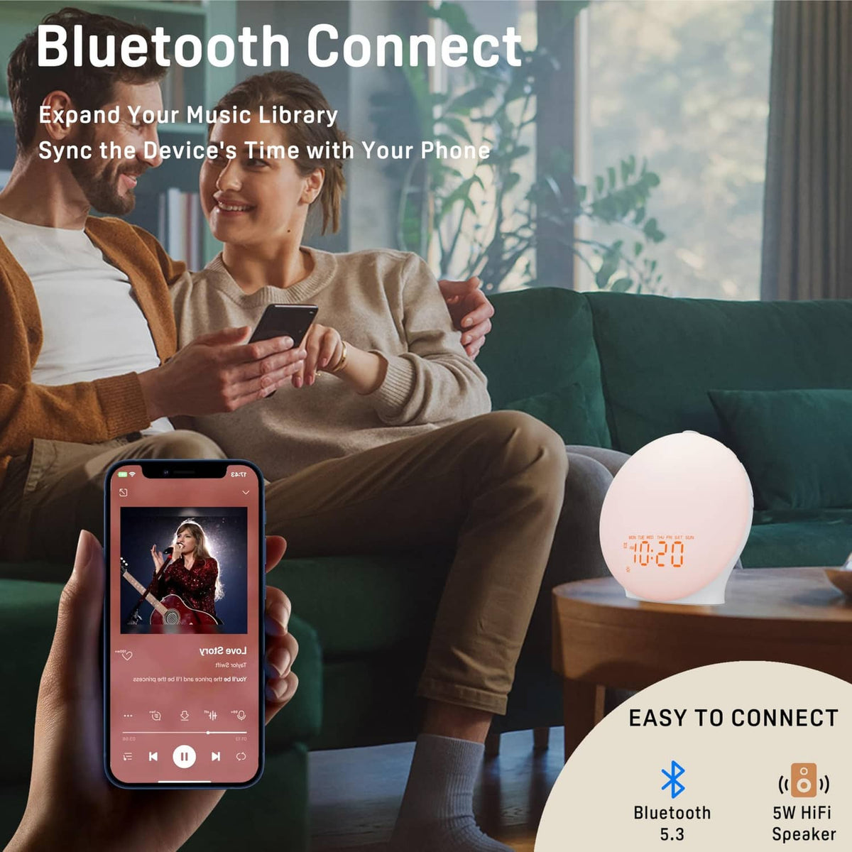 Bluetooth sunrise alarm clock with glowing display on a living room table