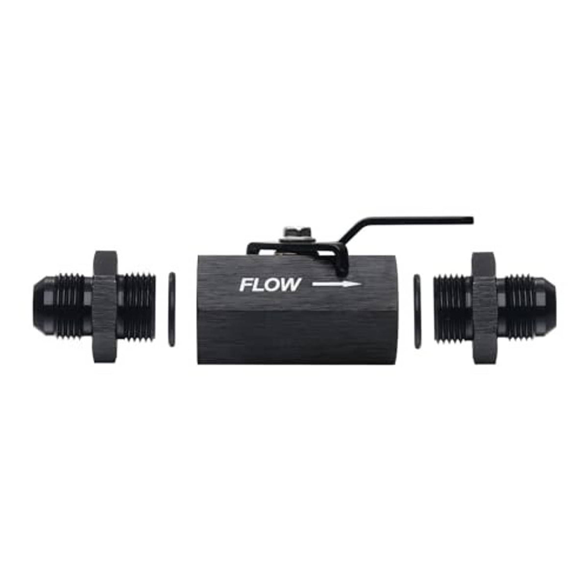 Inline fuel shut-off valve with cable lever, black aluminum, dual AN ports