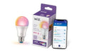 Smart LED light bulb set with WiZ retail box and smartphone app screen